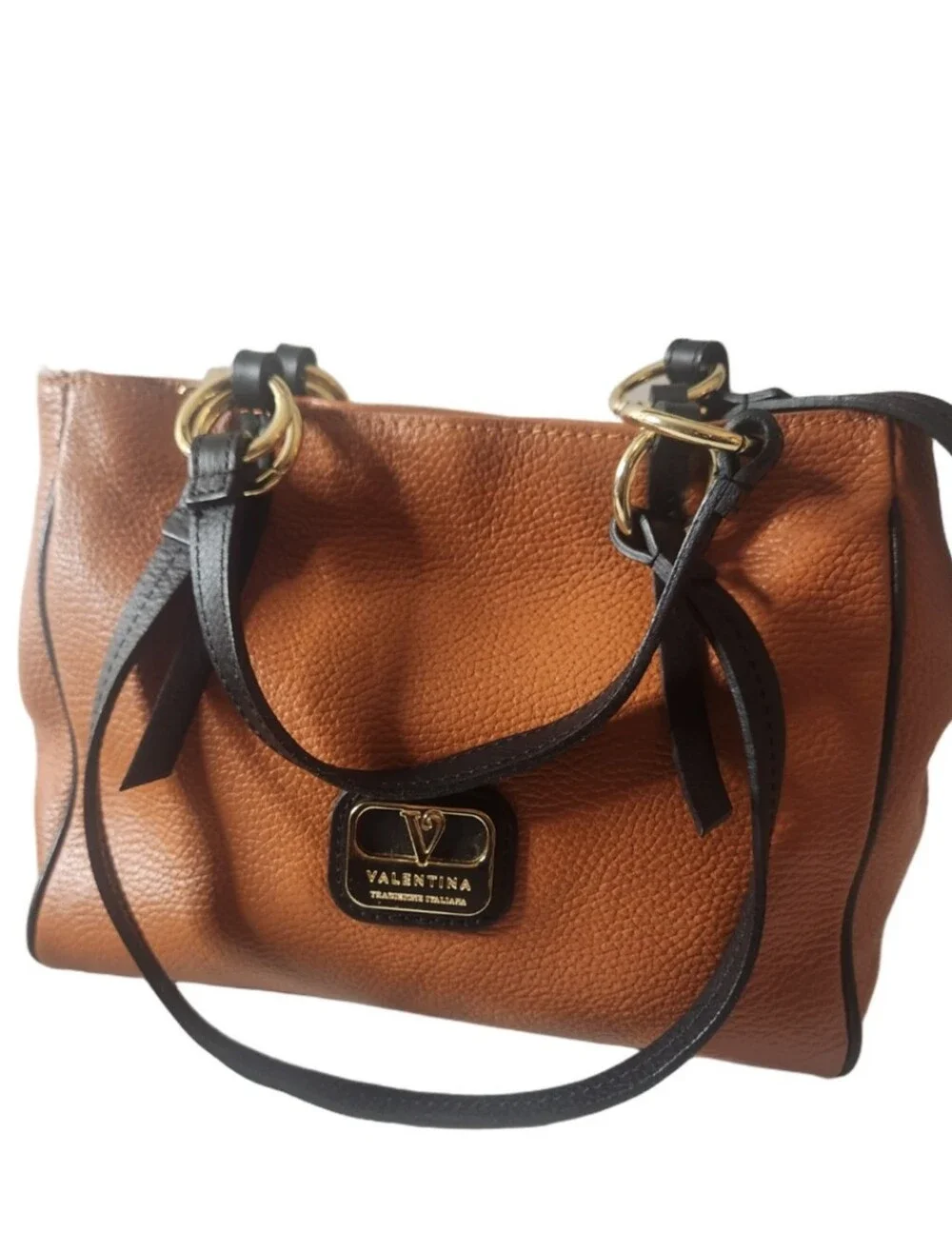 Valentina Tan Leather Shoulder Bag with Black Straps and Gold Hardware